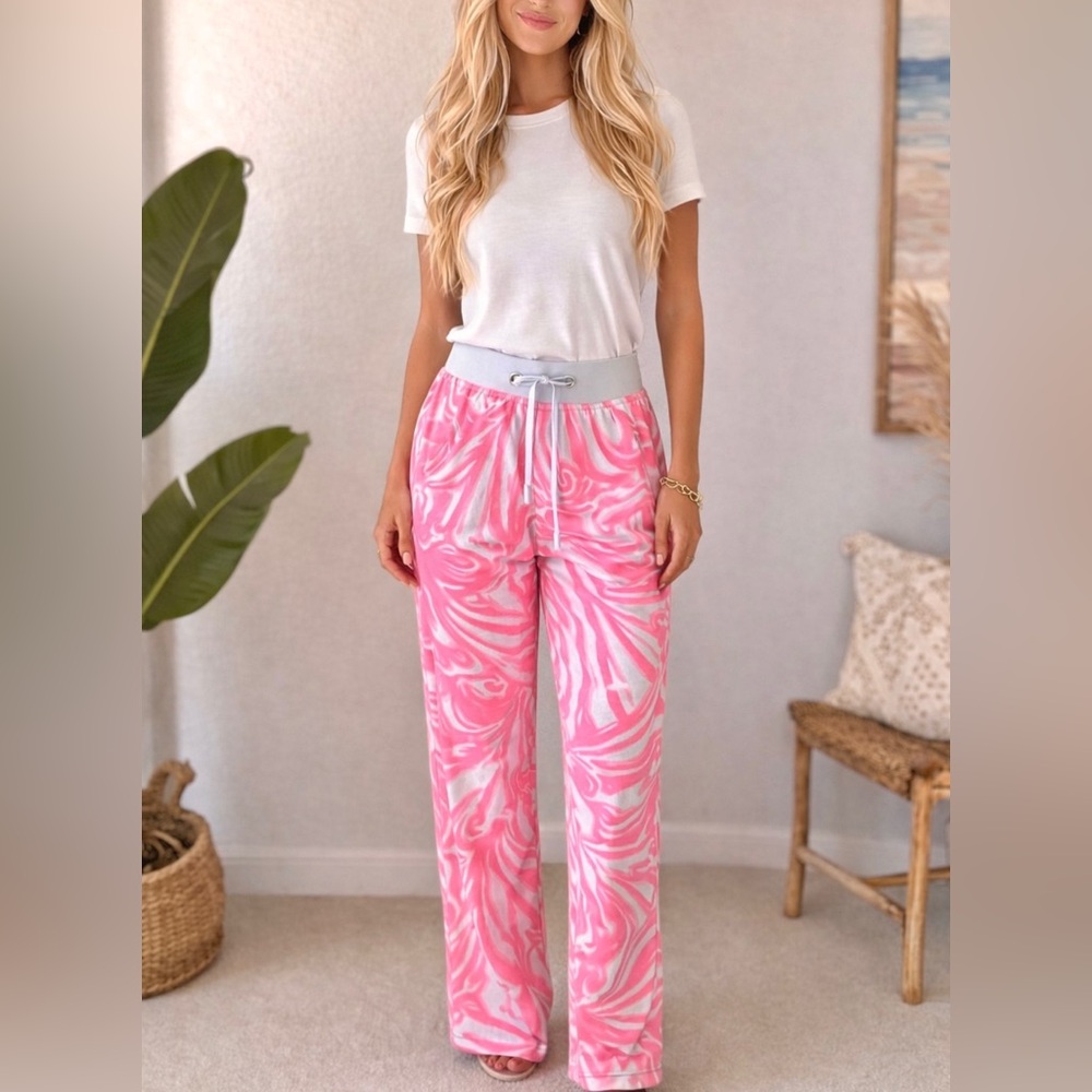 Lilly Pulitzer "The Beach Pant" Pink Sun Ray Shimmy Shimmy Linen Wide Leg Size M